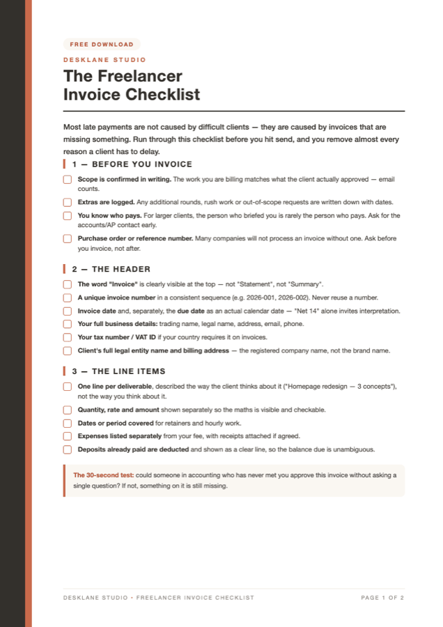 Preview of page one of the Freelancer Invoice Checklist