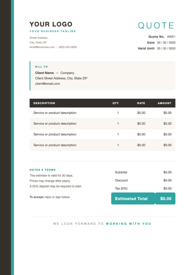 Preview of the quote and estimate template